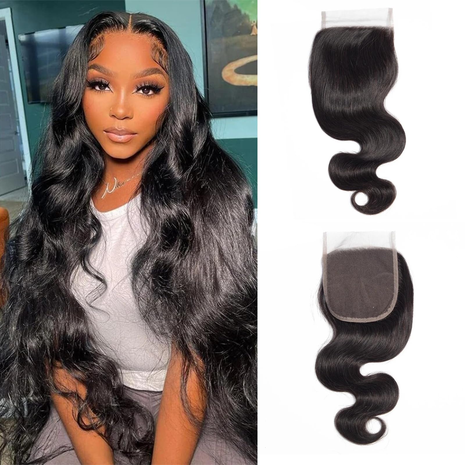 DUAUJUIU 4x4 Lace Closure Body Wave Wavy HD Transparent Lace Human Hair Free Part Closure Pre Plucked with Baby Hair Natural Color Brazilian Hair for Black Women 14 Inch