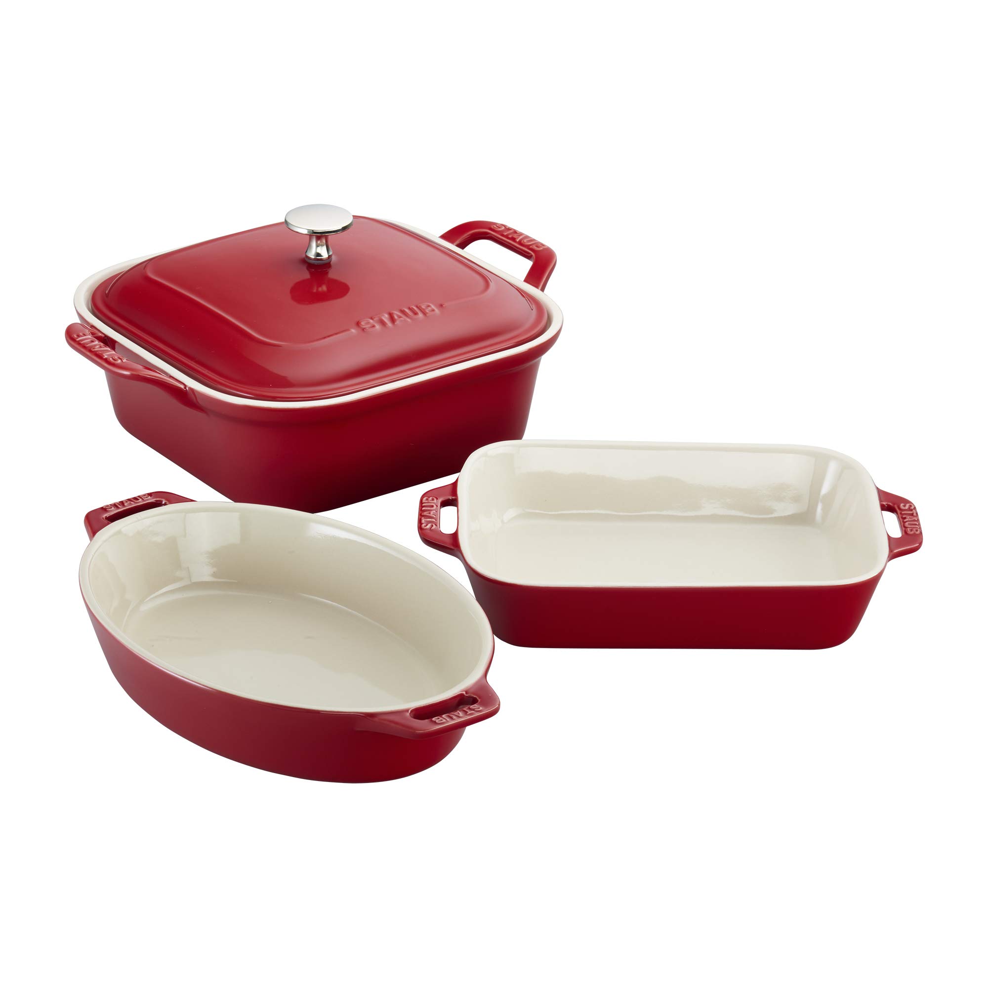 Staub Ceramics 4-pc Baking Pans Set, Casserole Dish with Lid, Brownie Pan, Cherry Image
