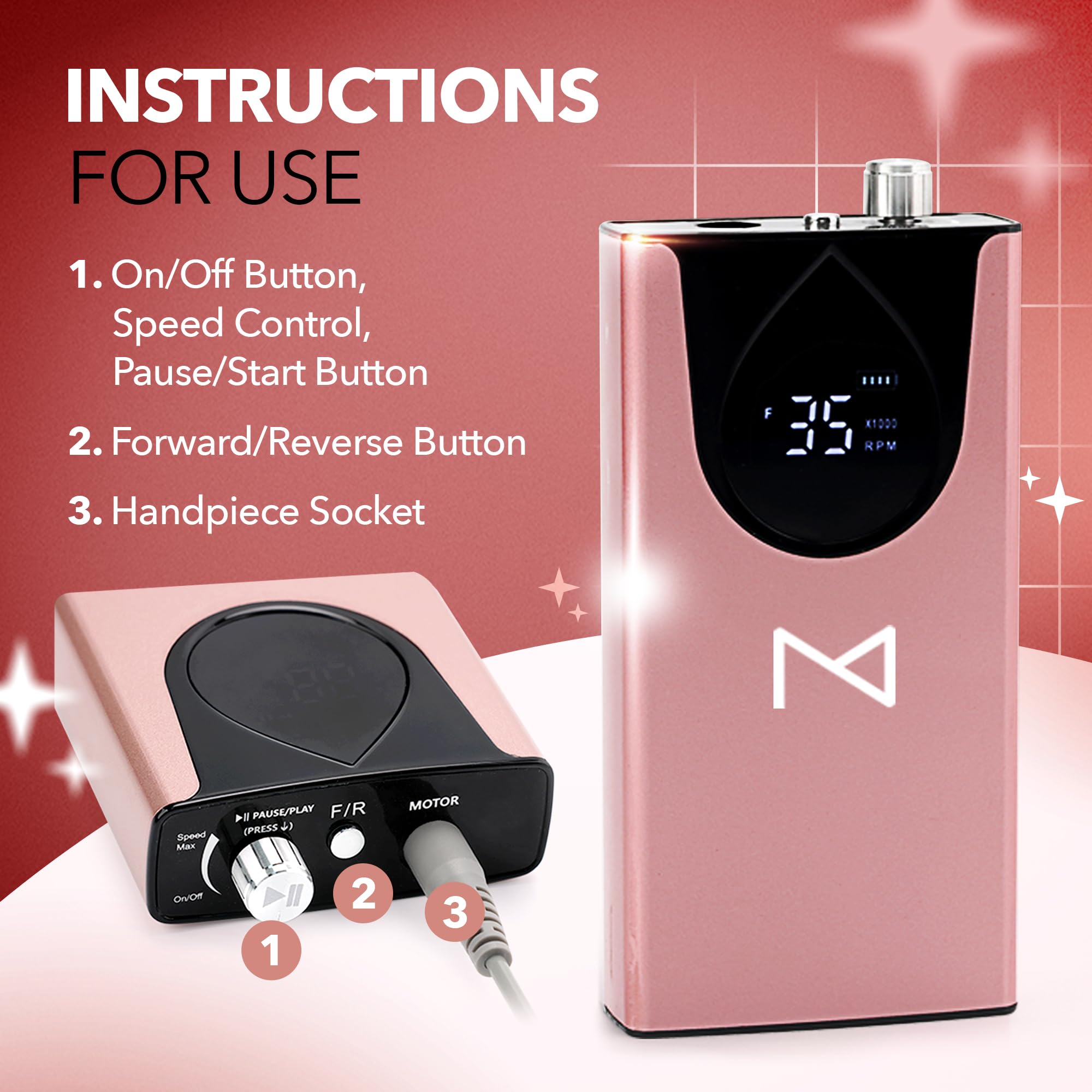 M Max - Nail Drill Professional - 2-in-1 Brushless Motor Nails Drill Machine - Electric, Cordless, Aluminium Alloy Casing, 35000 RPM, HD Display - Perfect for Salon & Home Use (Rose Gold) - Image 4