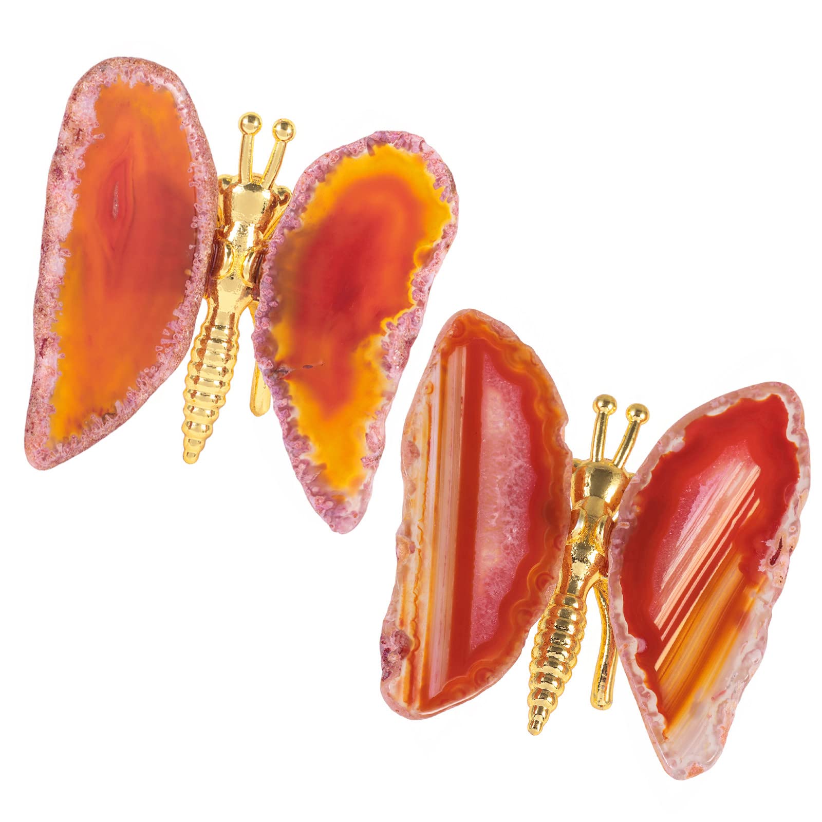 Nupuyai 2pcs Orange Red Agate Slice Butterfly Statue Decorative Ornament Set of 2, Crystal Stone Butterfly Figurine for Home Office Desktop Car Decor