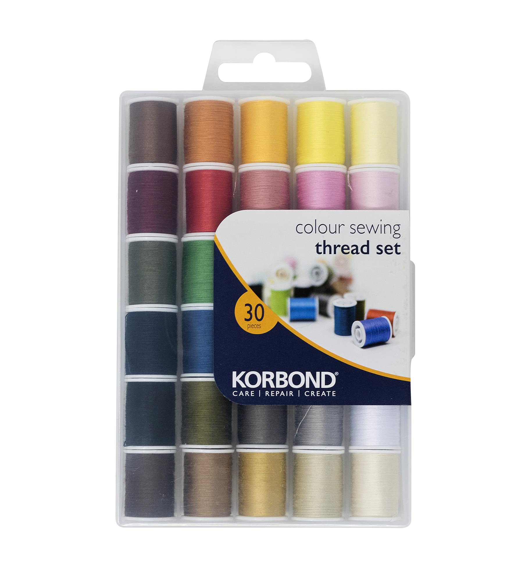 Korbond All Purpose Thread Set - 1350m Polyester Sewing Thread - 30 Colours x 45m - Hand and Machine Sewing and Crafting - Includes Black and White Thread for Machine and Hand