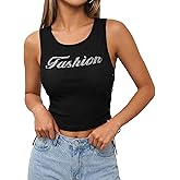 Womens Y2K Tank Tops Sleeveless Ribbed Crop Tank Tops Sparkly Rhinestone Graphic Top for Going Out Party