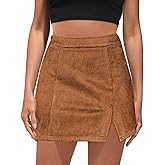 JPGLOV Womens Faux Suede Short Skirts Zipper High Waist Bodycon A-Line Side Split Mini Skirt