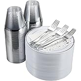Stylish Disposable Party Set - 100 Cups, Forks, Napkins, 7.5 Inch Dessert Plates, Cake Plates, Appetizer Plates