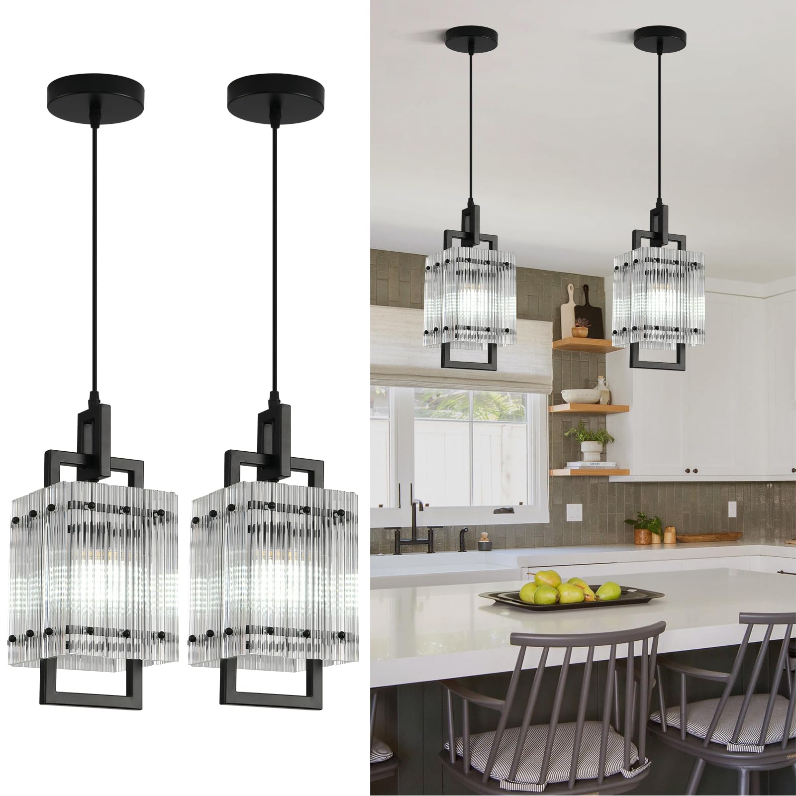 Photo 1 of ****Missing Parts:*****    YUXINLUX Modern Pendant Light Fixtures with Clear Glass Matte Black Pendant Lights Kitchen Island Adjustable Square Hanging Pendant Lighting for Dining Room Over Sink Hallway 2 Pack 12 inches