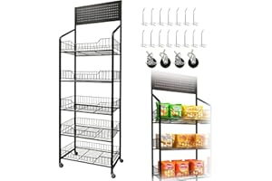 NERXERX 5 Tier Retail Candy Display Rack Metal Storage Shelf with Wheels & 15 Hooks Concession Candy Snack Display Racks Sturdy and Stable Chip Shelf Rack for Stores, Kitchen, Office (5 Tier Black 50cm)