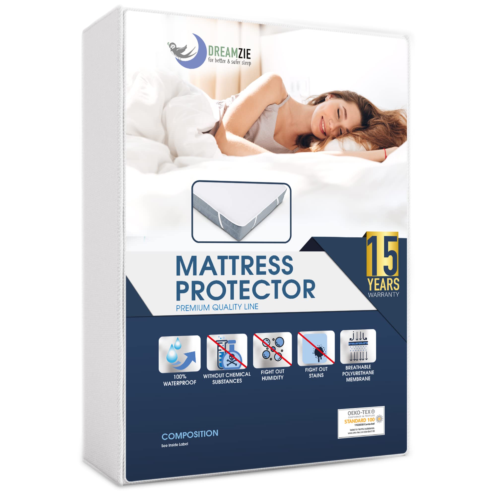 Dreamzie Mattress Protector Waterproof with 4 Elastic Corners - Made in EU - OEKO-TEX® Certified- For Mattress 180 x 200 cm