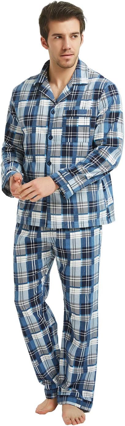 Men's Pajamas Sets 100% Cotton Flannel Sleepwear Long-Sleeve top & Bottom