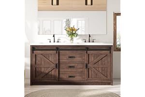 LUXOAK 60" Farmhouse Bathroom Double Vanity Sliding Barn Door with Sink Combo, Freestanding, Bathroom Vanity Cabinet with Drawers & Metal Handles, Reclaimed Barnwood