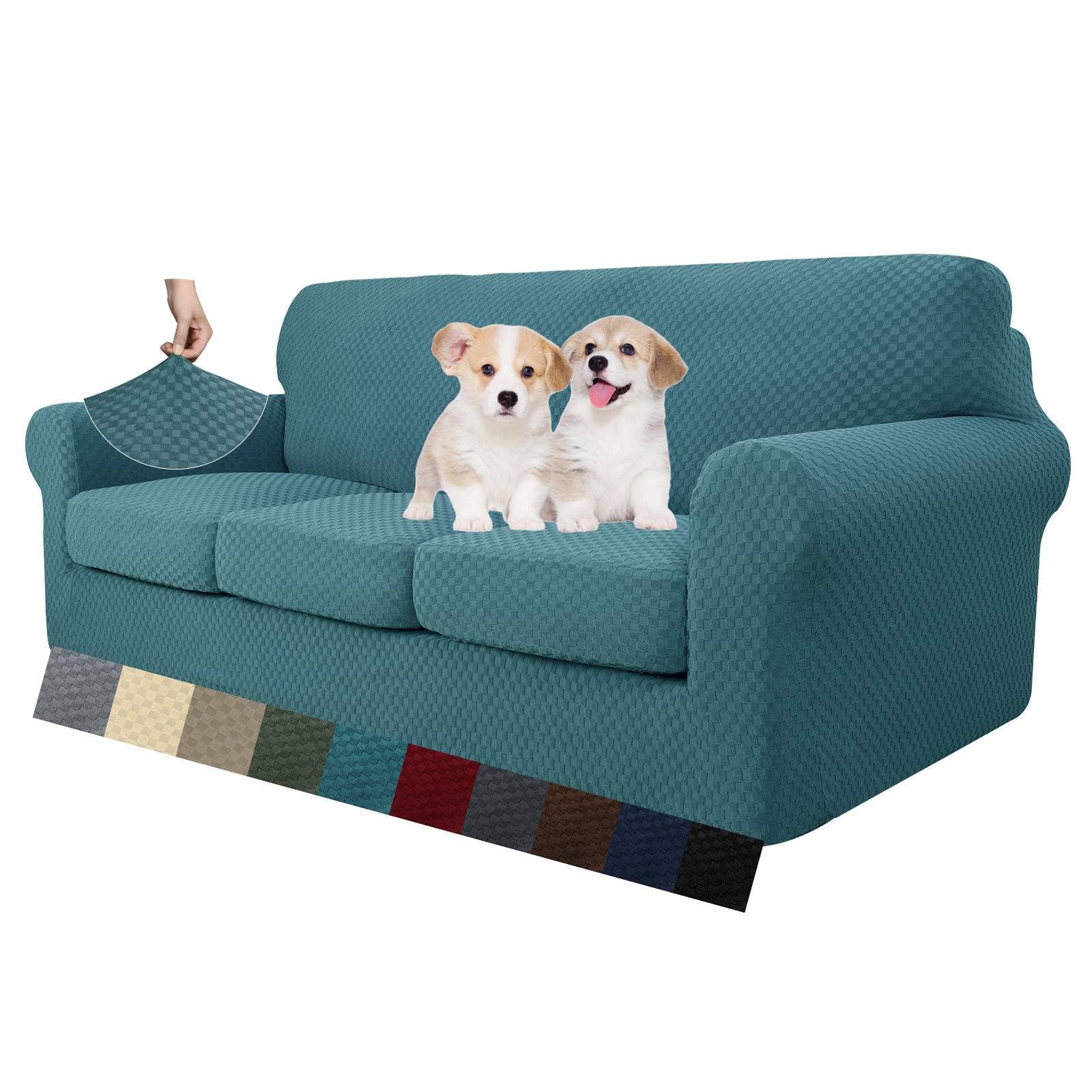 Photo 1 of MAXIJIN 4 Piece Couch Covers for 3 Cushion Couch Super Stretch Non Slip Couch Cover for Dogs Pet Friendly Elastic Jacquard Furniture Protector Sofa Slipcovers (Sofa, Peacock Blue)
