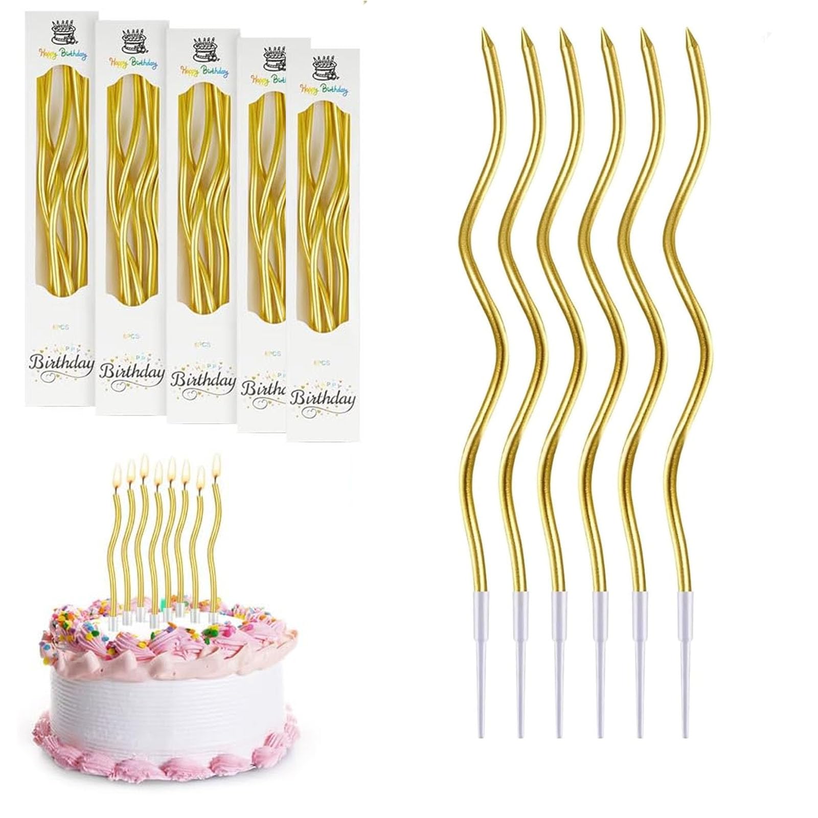 30 Pieces Gold Birthday Cake Candles,Spiral Cake Candles with Holders, Long Twisty Gold Party Candles for Birthday Wedding Baby Party Decorations