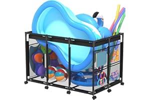 SHAPON Pool Storage Bin XX-Large, Nylon Mesh Pool Float Storage Organizer for Noodles, Goggles, Floats & Balls, Outdoor Pool Toy Storage with Rolling Cart for Swimming Equipments, Black