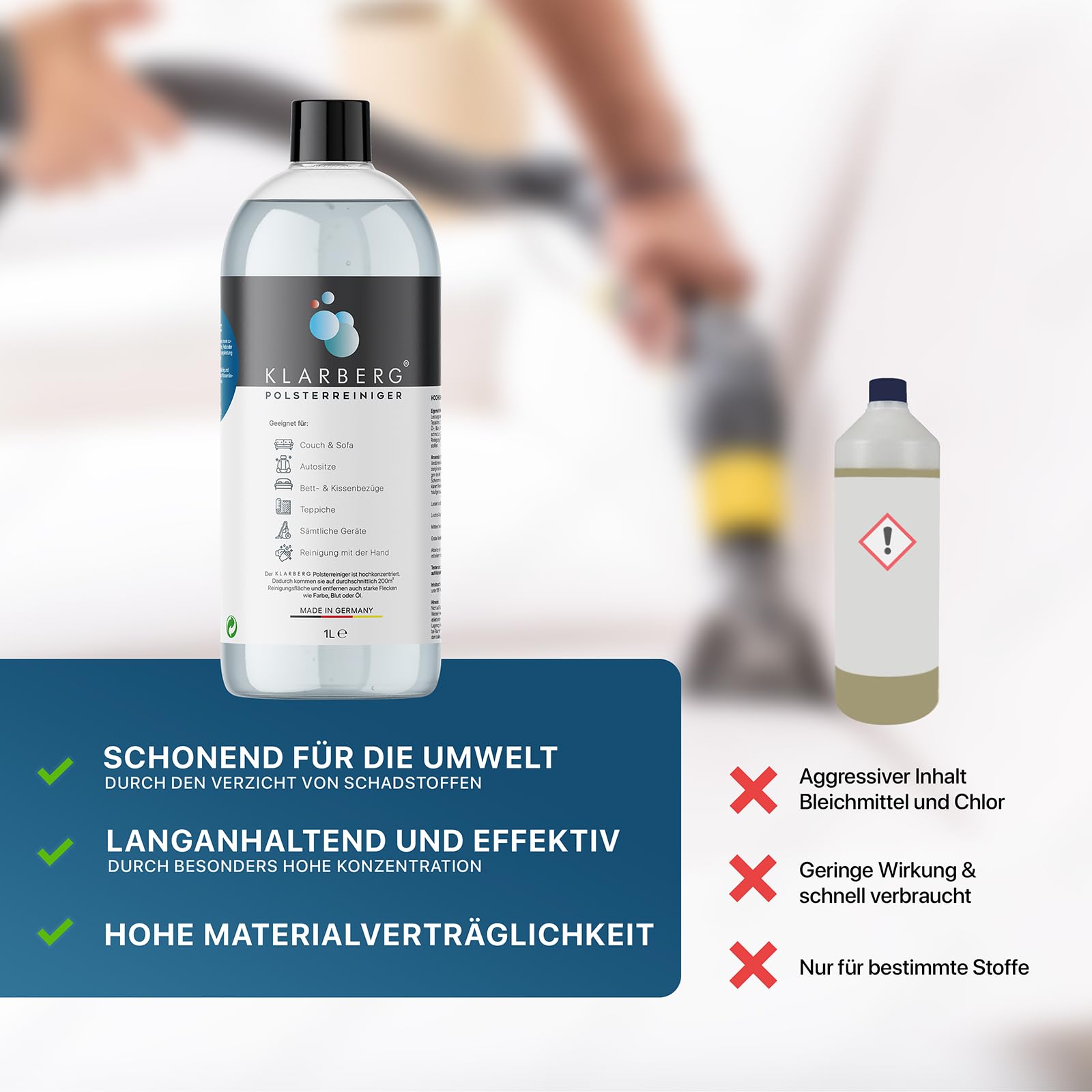 KLARBERG® 1L Waschsauger Polsterreiniger Konzentrat I Polsterreiniger für Sofa, Teppich, Autositze, Textilreiniger uvm. I Geeignet für Waschsauger, Nasssauger und Reinigung per Hand 7