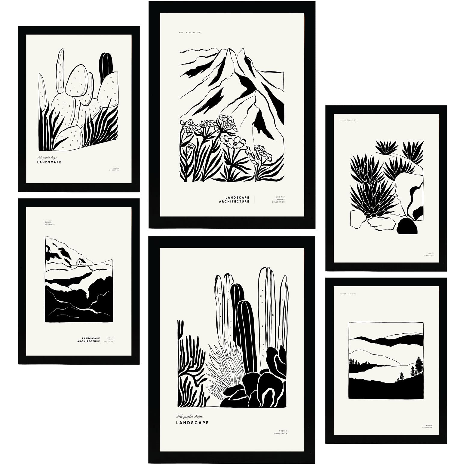 Nacnic Set of 6 Thick Black Ink Posters. Plant Corners. Desert Inspired Landscapes Wall Art Prints for Interior Design and Decoration. Sizes A3 & A4. Unframed.