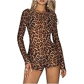 WDIRARA Women's Leopard Backless Romper Unitard Long Sleeve Bodycon Shorts Jumpsuit