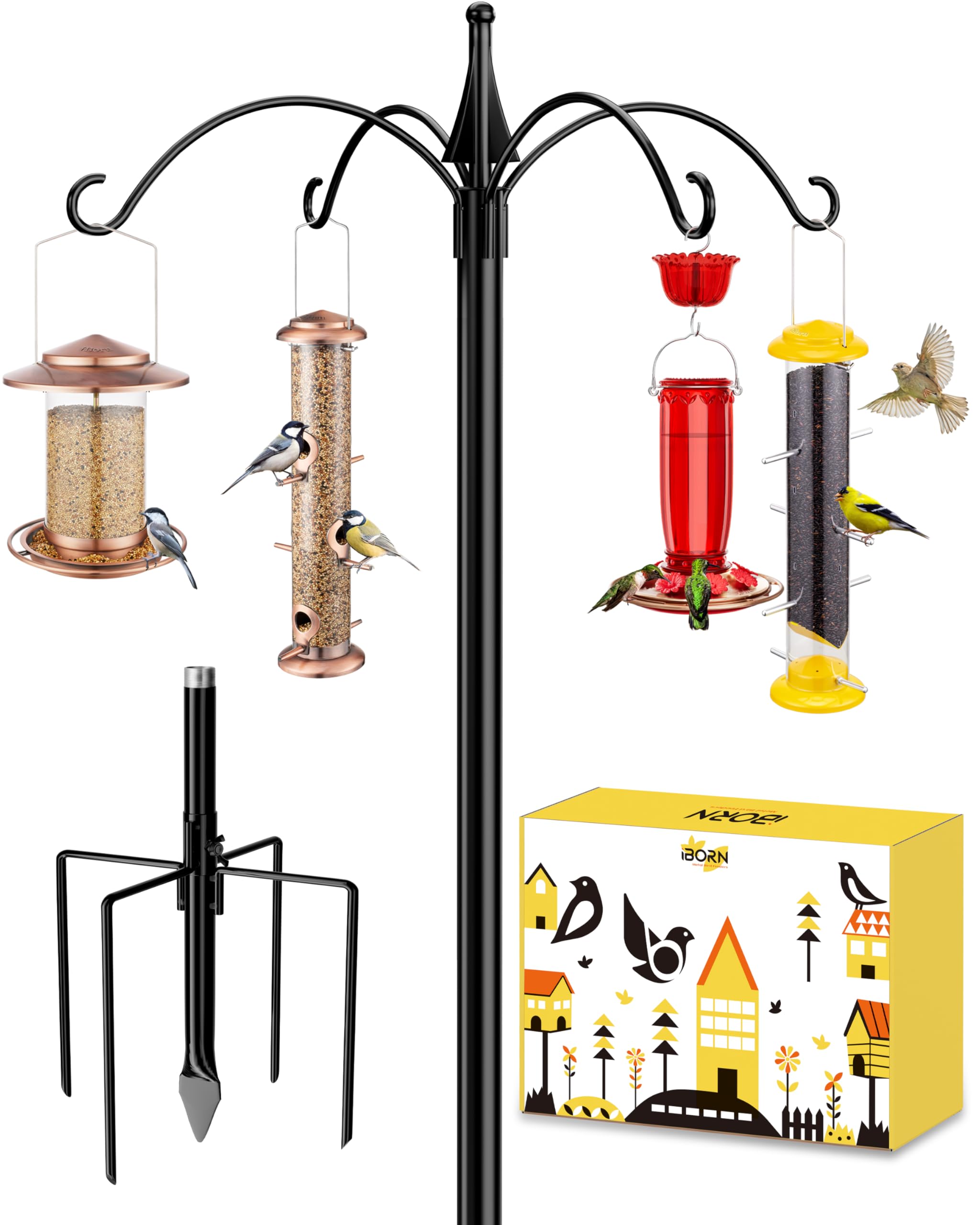 iBorn Bird Feeders Hanging Station 87Inch Wild Bird Feeding Station Stand Heavy Duty For Feeders Hanging, 1 Inch Thickness Pole, 4-Hooks,5-Prong Pole Stabilizer(Bird Feeders NOT Included)