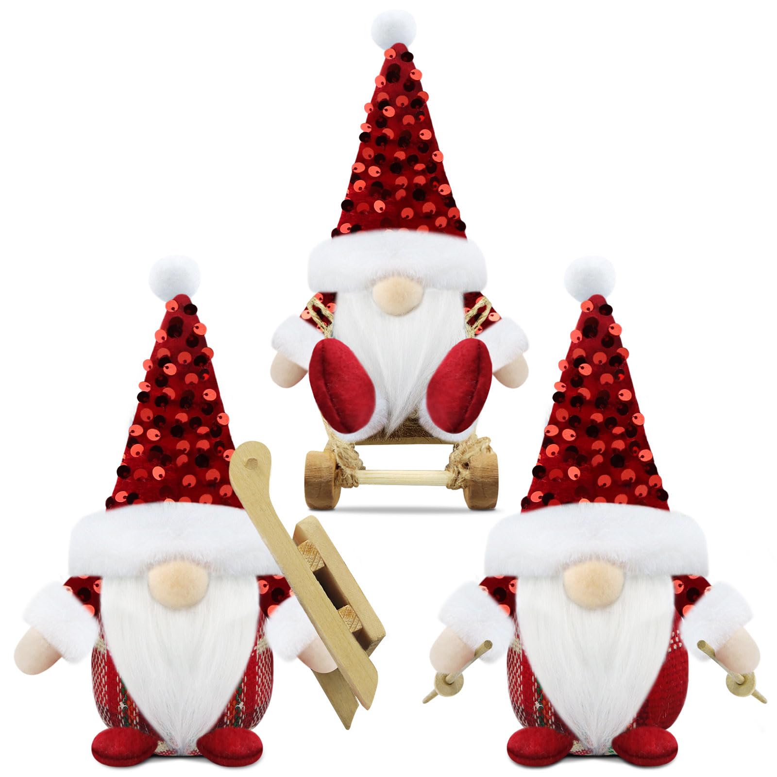 Gehydy Set of 3 Red Christmas Gonk Decorations Mini Gnome with Sled Handmade Xmas Decor for Home Kitchen Farmhouse