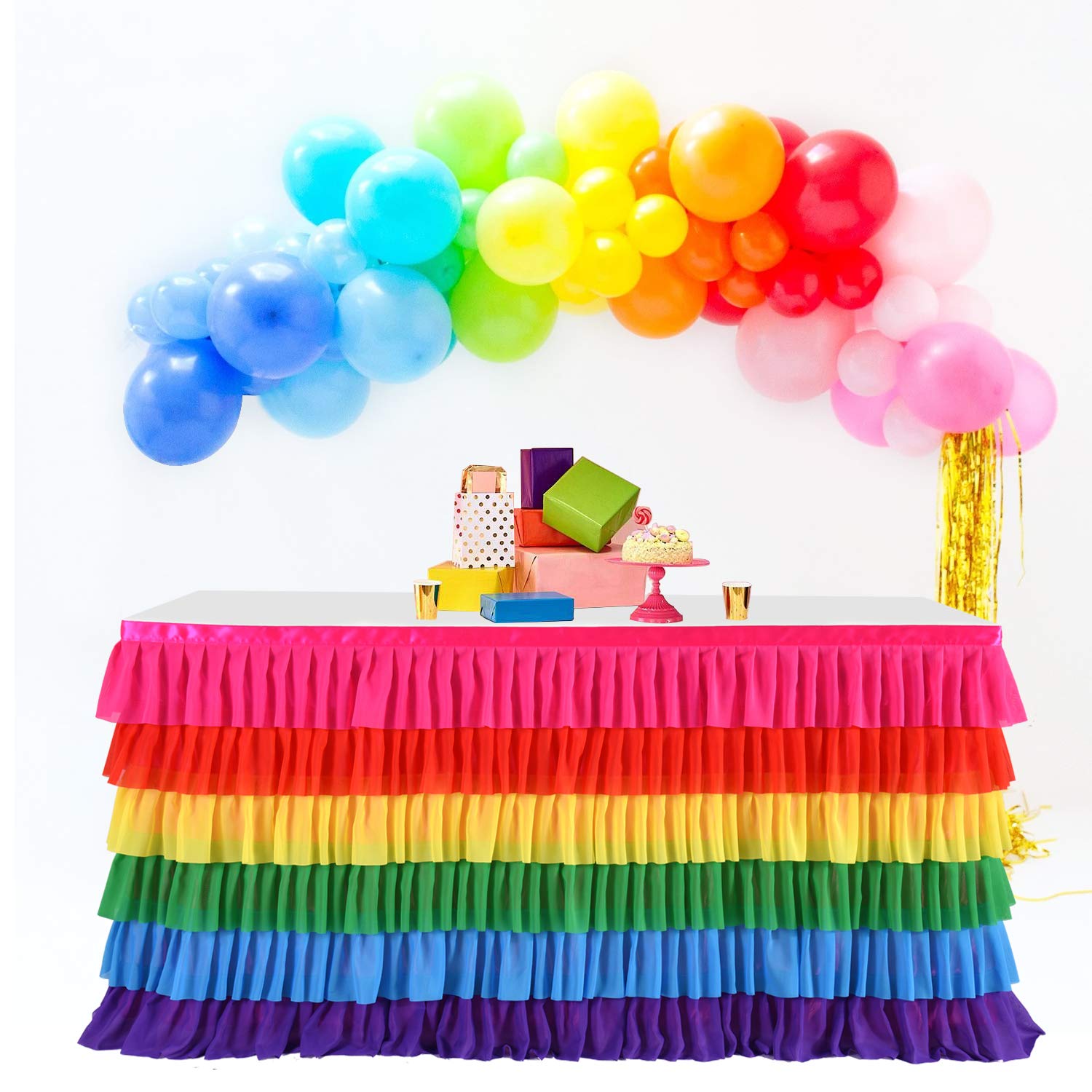 Photo 1 of Rainbow Tablecloth Unicorn Tutu Table Skirt for Rectangular Table Birthday Unicorn Party Christmas Decoration 14ft