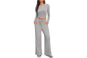 IEEILULU Cozy 2 Piece Lounge Sets for Women, Side Ruched Long Sleeve Top & Wide Leg Pants Casual Matching Tracksuit for Home & Travel