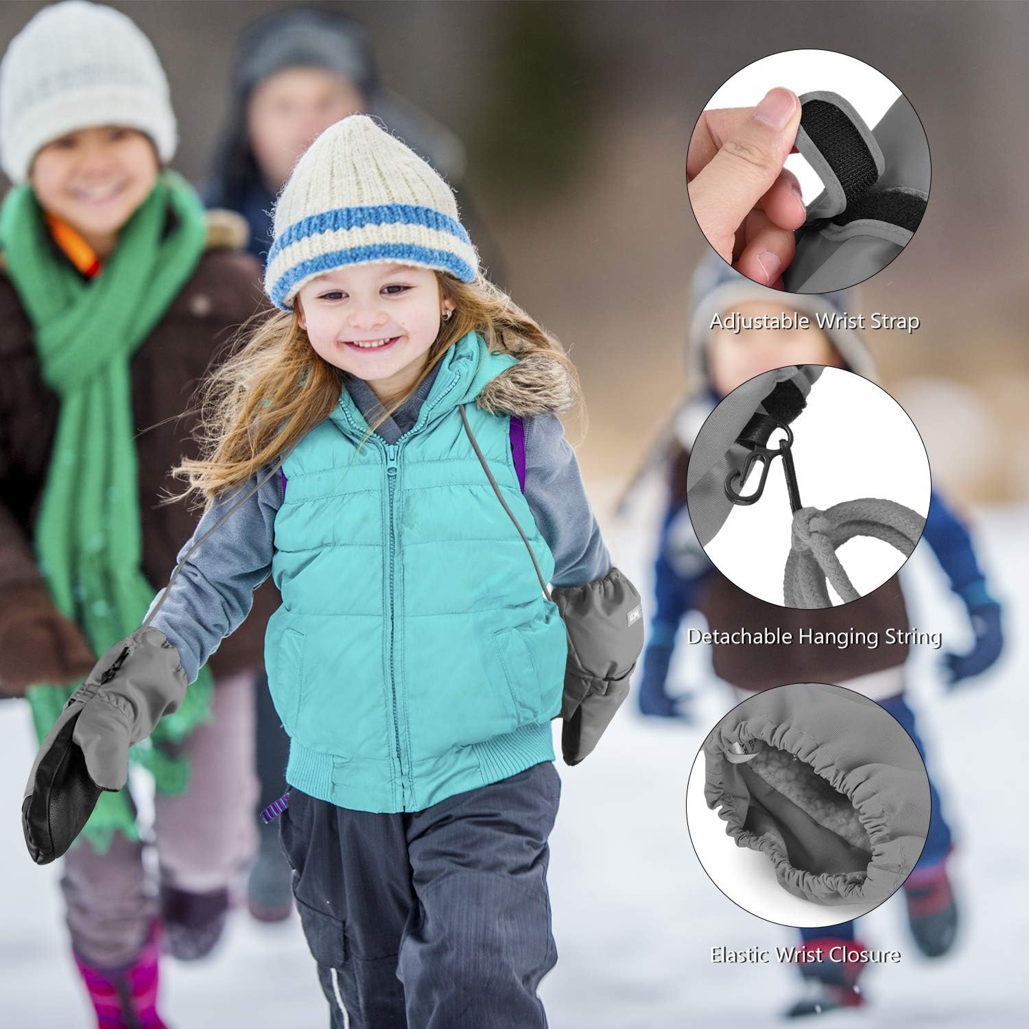 MCTi Kids Mittens Waterproof Winter Ski Warm Sherpa Lined Long Cuff with String: Clothing