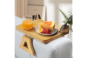BELO VALE Wooden Sofa Arm Tray, Normal Size 11.8x8.6 Couch Armrest Tray, No Installation Required, Foldable, Eat/Drinks/Remote Control/Snacks Holder, with 360° Rotating Left Phone Stand
