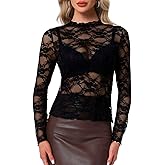 Allegra K Mesh Top for Women's Mock Neck Sexy Party Slim Fit Lace Sheer See Through Tops
