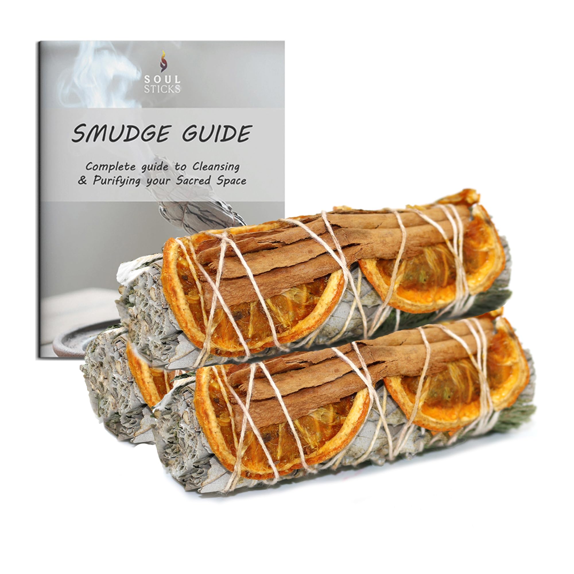 SOUL STICKS 3 Pack White Sage Orange Cinnamon Sage Smudge Sticks for Money Cleansing House, Abundance, Money, Negative Energy Cleanse, and Smudging with Starter Guide | 4 Inch Bundles