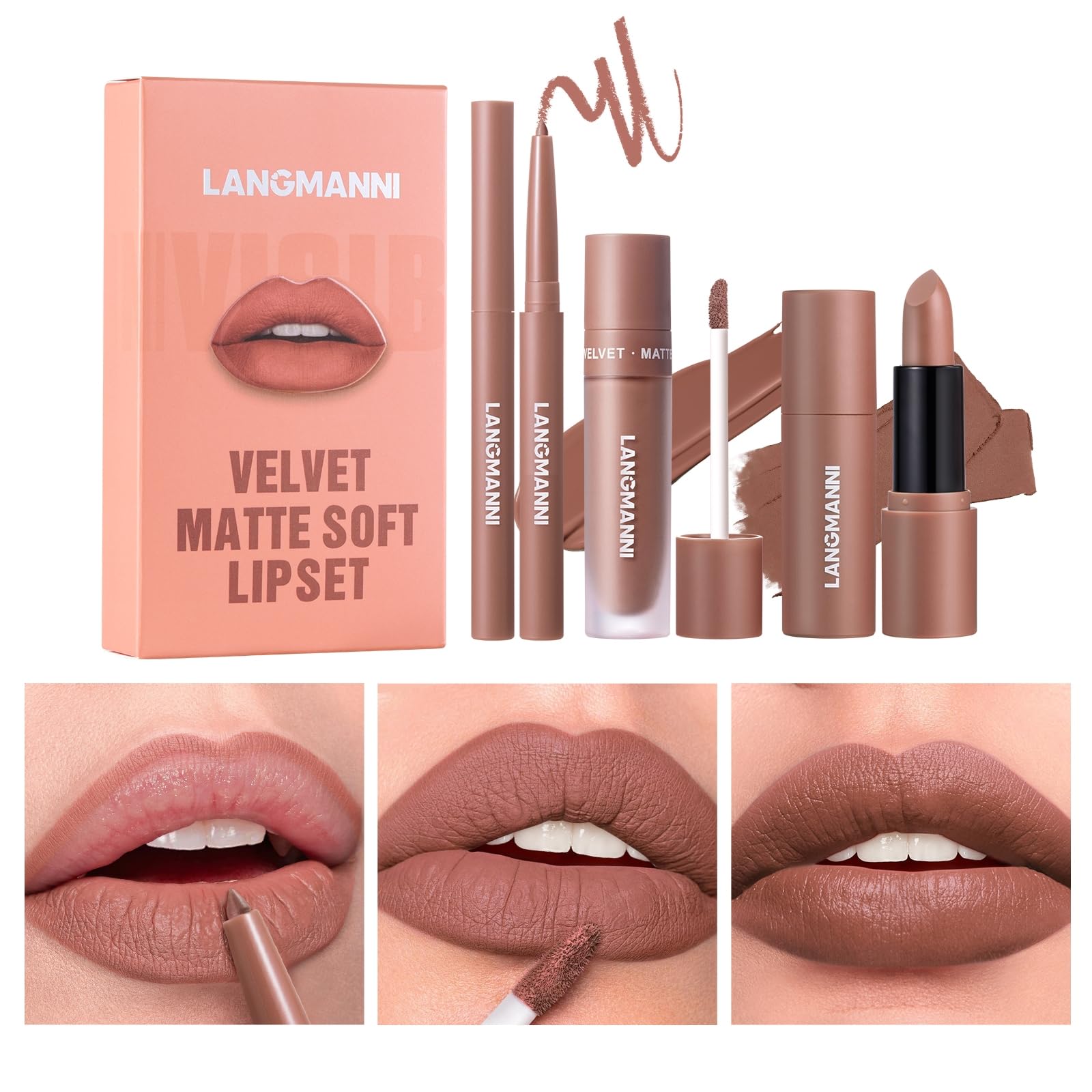 3PCS Matte Liquid Lipstick Lip Gloss & Liner Set - All-IN-One Lip Kit, Velvety Nude Color, Waterproof Make Up Set (# 03)