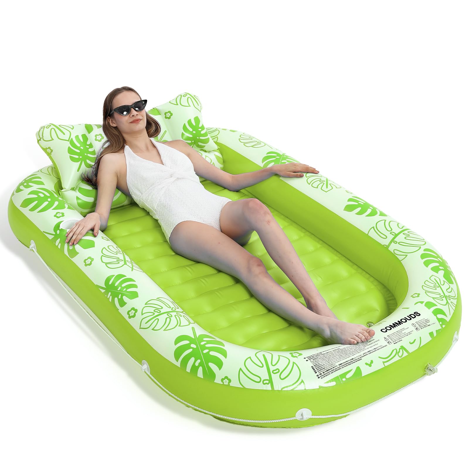 Inflatable Tanning Pool Lounger Float with Cervical Pillow - Pool Floats Adult for Sunbathing, Backyard, Pool Party - Inflate Ball Pit for Babies - Kids Swimming Pool Bed (FluorescentGreen-L(71"x47"))