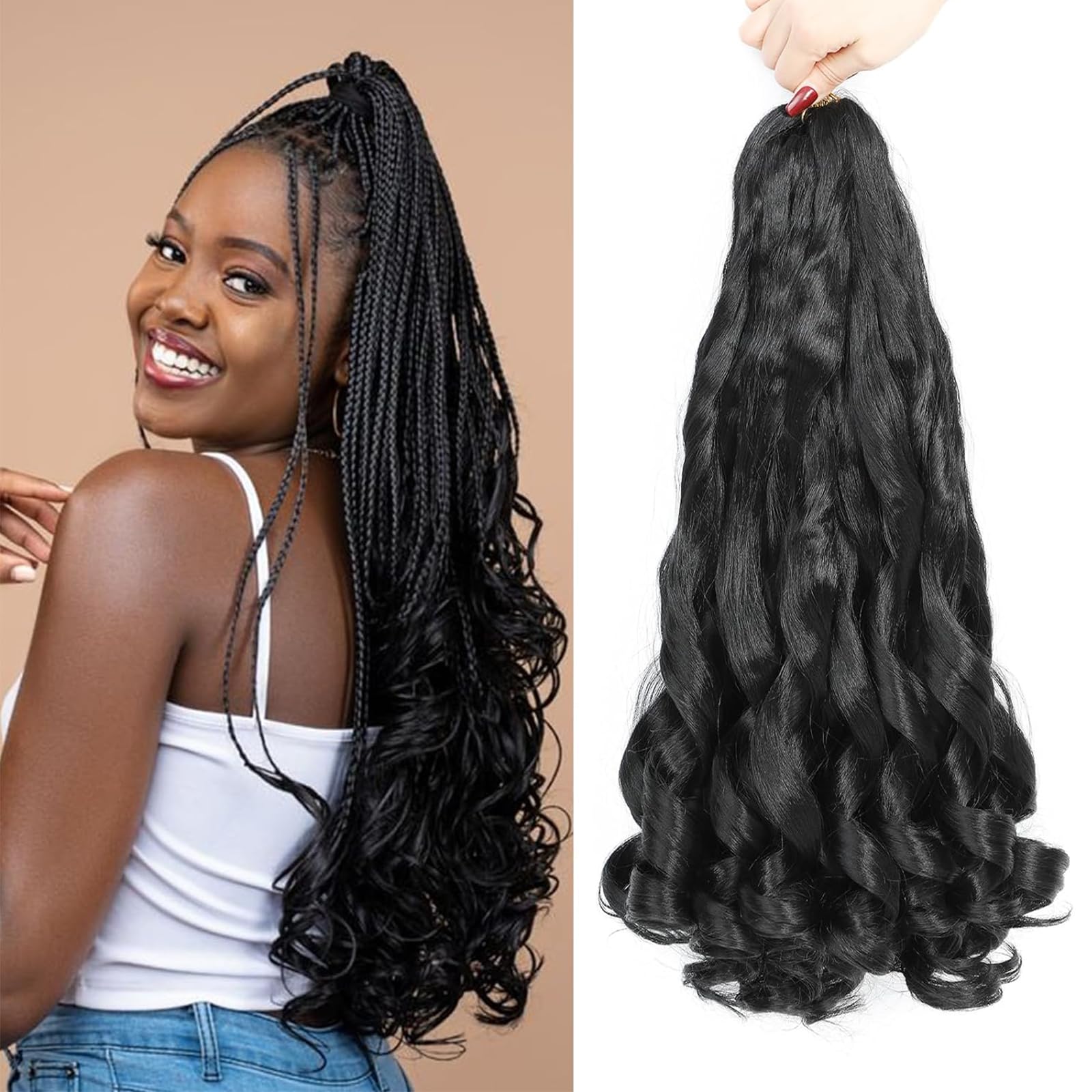 French Curl Braiding Hair 24 Inch 8 Packs Pre Stretched Loose Wave Bouncy Braiding Hair Spanish Curly Ends Synthetic Hair Extensions for Braiding（1B） — image 1