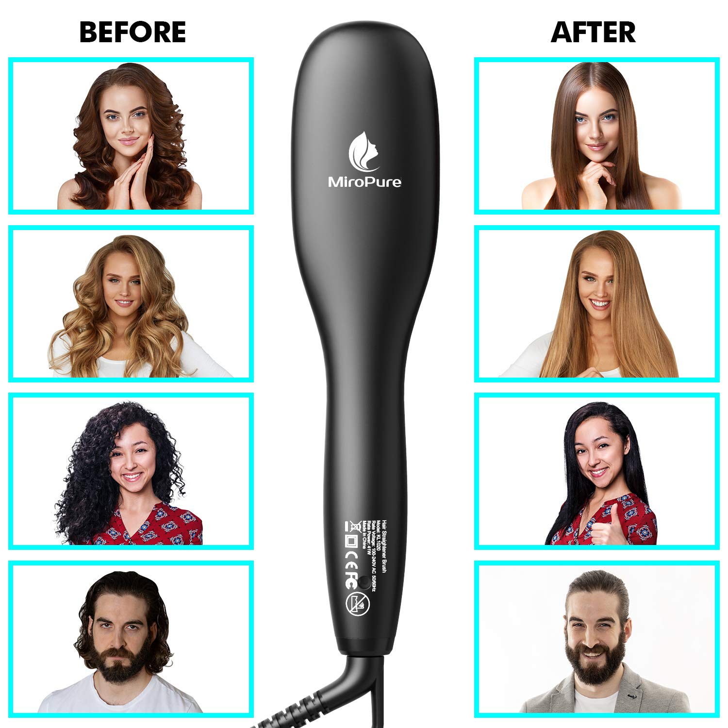 Hair Straightener Brush with Ionic Generator by MiroPure, 30s Fast MCH Ceramic Even Heating, 11 Temperature Control, Professional for Straightening or Curling (Black) : Beauty