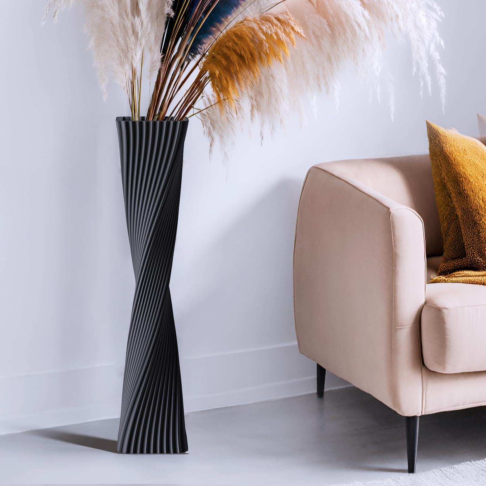Photo 1 of 23.6" (60cm) Tall Black Floor Vase for Pampas Grass, Floor Vases for Modern Geometry Decor - Minimalist Skinny Unique Shape Flower Vase for Farmhouse Entryway, Fireplace,Shelf