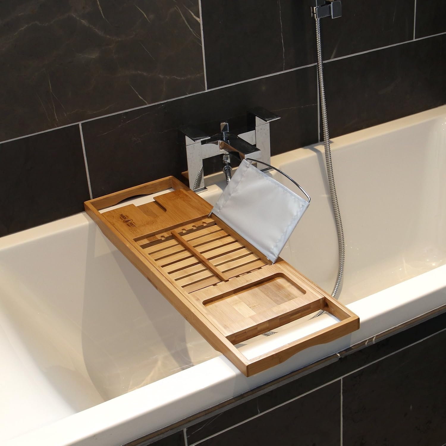 Extendable Bamboo Bath Caddy & Tray | Non-slip Feet | Adjustable Luxury Home Spa Wood Bath Caddy | Wine Glass, Tablet / Book, Smartphone Holder | M&W - Image 3