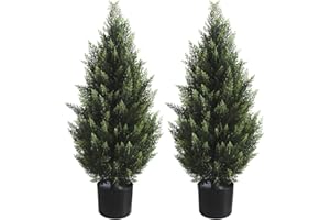 R’S CEDER 3FT Artificial Topiary Tree Realistic Faux Cedar Pines Christmas Trees UV Rated Fake Shrubs for Front Porch Faux Plants Indoor and Outdoor Decor (2 Pack)