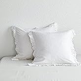 Simple&Opulence 100% Linen Euro Sham Covers with Ruffle, 2Pcs Pillow Covers 26x26 Inches, Euro Pillow Shams for Bed Couch French Home Decor Luxury and Breathable Square Pillow Cases, White