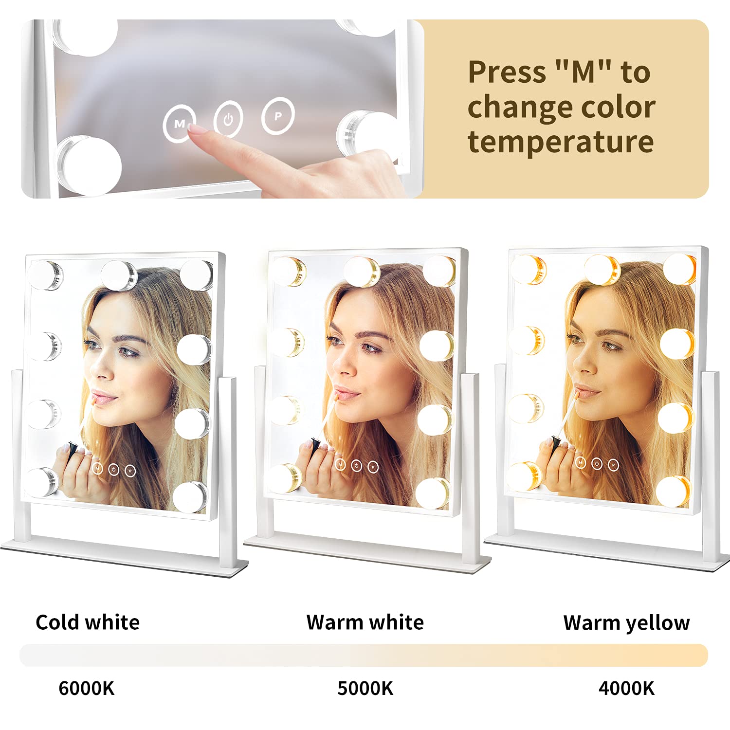 Vanity Mirror with Lights, Makeup Mirror with Lights,3 Color Lighting Modes Detachable 10X Magnification Mirror Touch Control,360°Rotation, White.