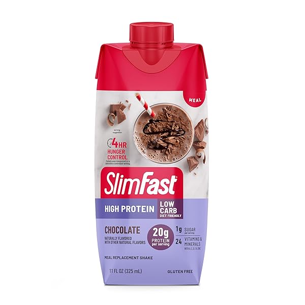 SLIMFAST PROTEIN SHAKE, CHOCOLATE- 20G PROTEIN, MEAL REPLACEMENT SHAKE READY TO DRINK, HIGH PROTEIN WITH LOW CARB AND LOW SUGAR, 24 VITAMINS AND MINERALS, 12 COUNT (PACK OF 1) (PACKAGING MAY VARY)