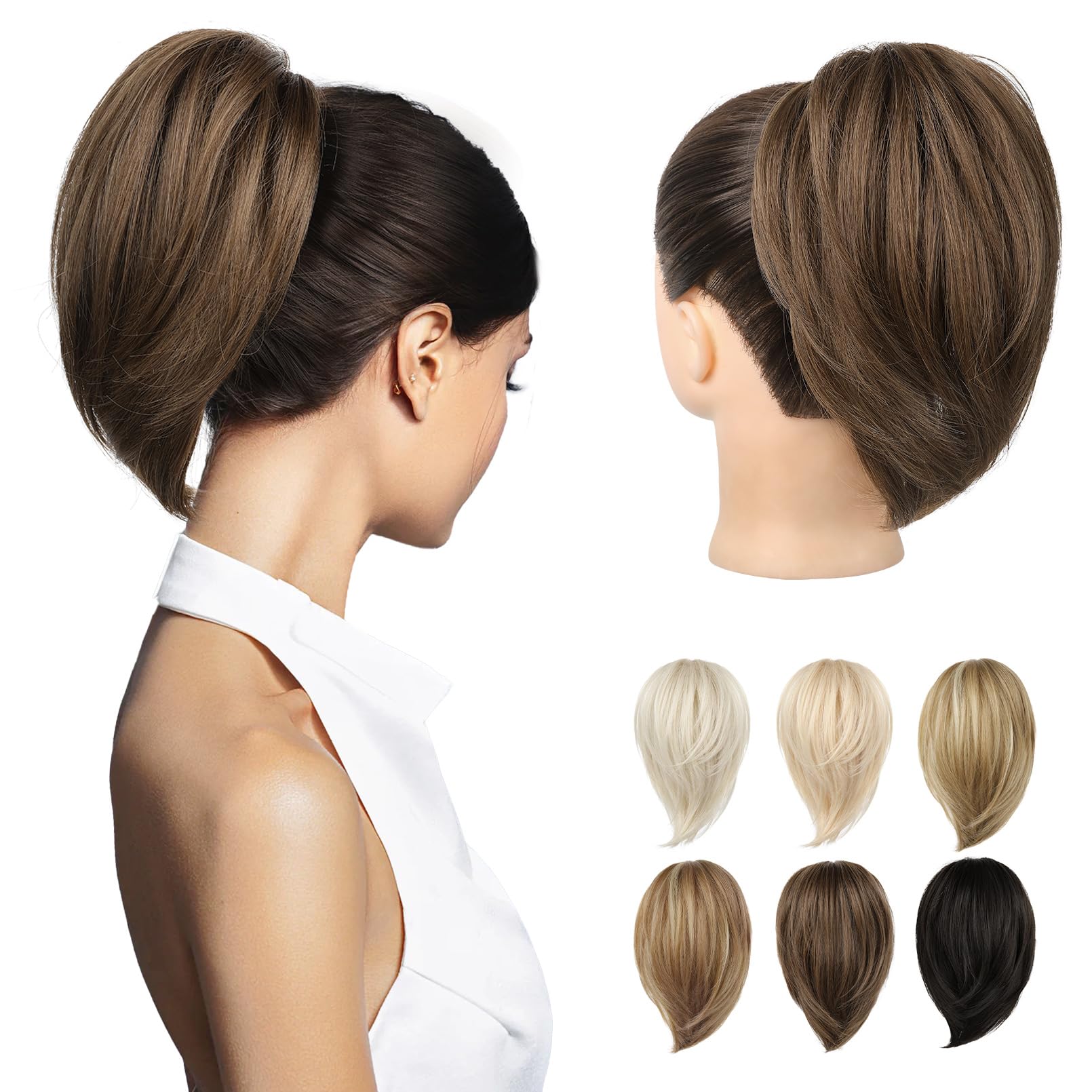 REECHO Ponytail Extension，Claw Clip Hair Bun Hair Piece Short Straight Ponytail Hair Extensions Messy Hair Bun Natural Synthetic Fake Ponytail Hair Pieces for Women- Light Brown