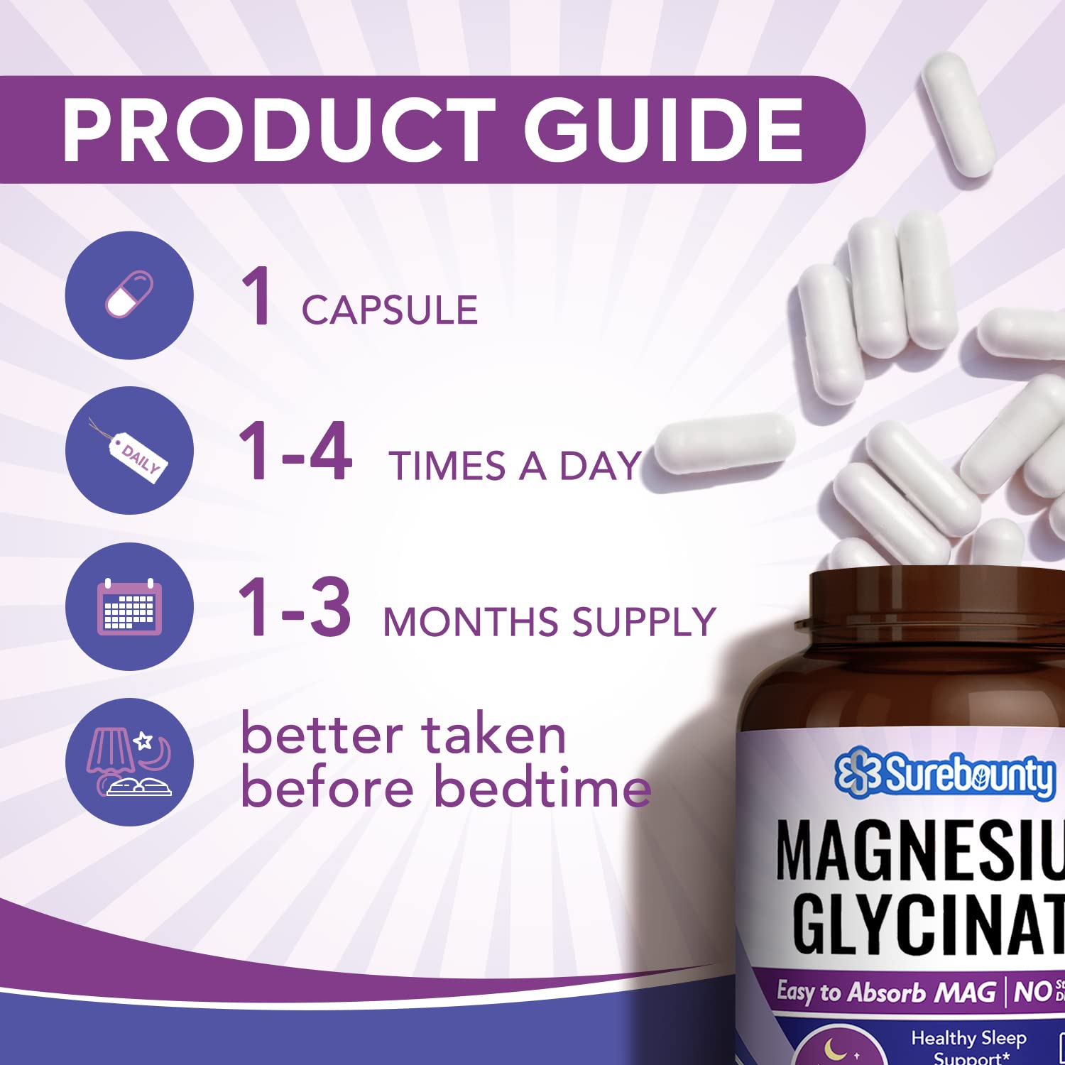 Surebounty Magnesium Glycinate Supplement for Sleep, 710 mg Chelated Magnesio Glycinate (80 mg Elemental Magnesio), Small Capsules for Kids & Adults, Easy to Swallow 90 Capsules
