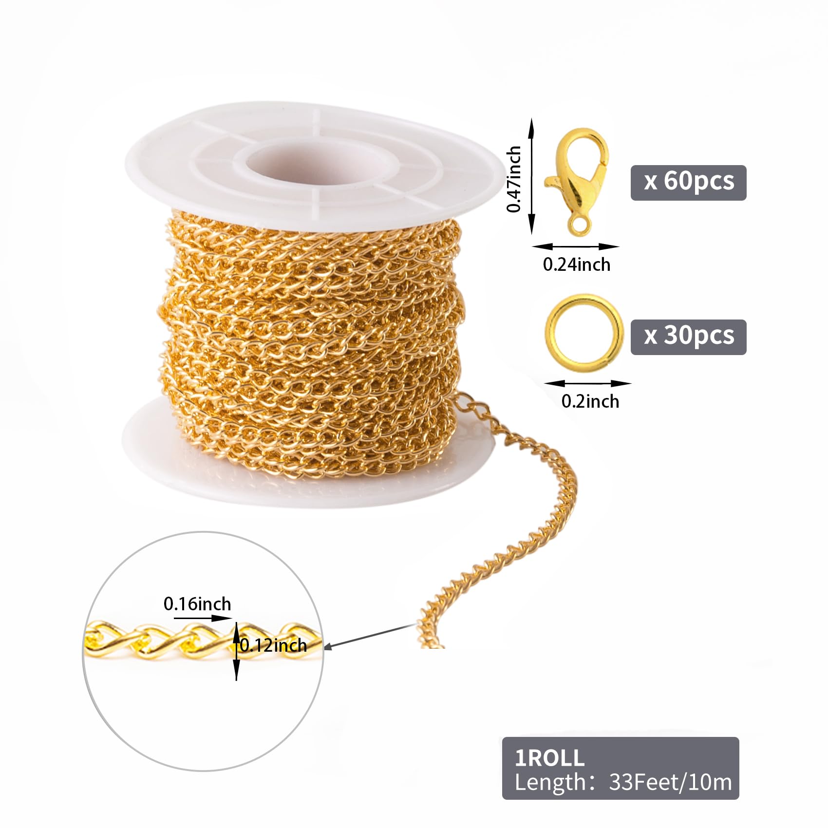 Lemonkey 33 Feet Metal Gold Necklace Chains Curb Links Chains Bulk for Jewelry Making DIY Craft Kit with Lobster Clasps Jump Rings