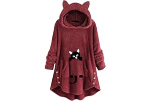 WODCEEKE Women's Fuzzy Fleece Pullover Hoodie with Cat Ear Sherpa Oversized Hooded Sweatshirts Cute Pocket Winter Warm Coats