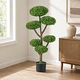 45" Artificial Sesame Leaf Topiary Tree with Cement-Filled Base | PE Material, 3-Step Setup, Zero Maintenance, Indoor Outdoor D&eacute;cor