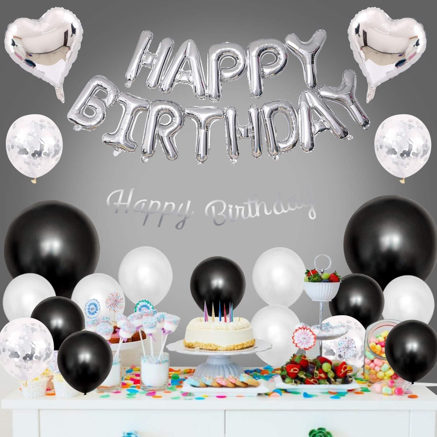 Amazon Gresatek 誕生日 バルーン 飾り付け 風船セット ハッピー バースデー Happy Birthdayガーランド ハート風船 紙吹雪風船 ドットシール リボン付き 装飾 パーティー お祝い サプライズ シルバー ブラック 風船 バルーン おもちゃ