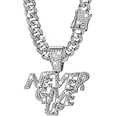 LCWLJL NEVER GIVE UP Hip-hop Cuban Chain, Pendant Miami Cuban Link Chain for Men, Gold/Silver Plated Diamond Necklace, Iced Out Hip Hop Necklace