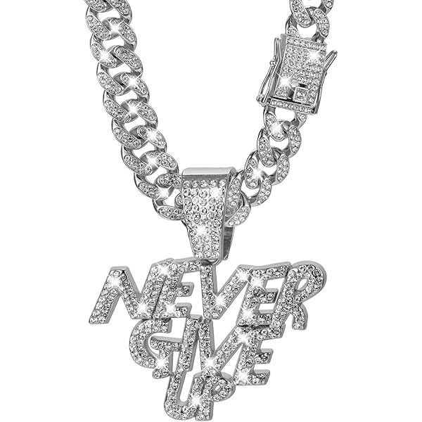 YOHAX Hip Hop Necklace Full Diamond NEVERGIVEUP Letter