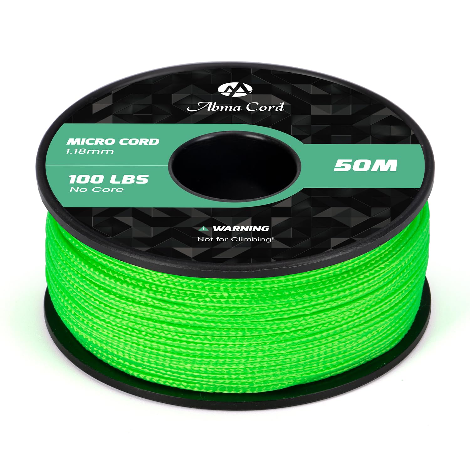 Abma Cord Micro Cord 1.18mm Paracord 50M Spool Utility Cord Braided Cord - Max. 45kg (100lbs) - Neon Green