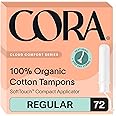 Cora Organic Applicator Tampons | Regular Absorbency | 100% Organic Cotton, Unscented, BPA-Free Compact Applicator | Leak Protection | Packaging May Vary | 72 Total