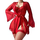 Avidlove Women Sexy Lingerie Set 2 Piece Sheer Kimono Robe with Lace Teddy Lingerie Bodysuit