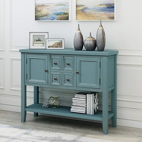 Amazon Com Lumisol Farmhouse Sideboards And Buffet With Storage Console Table With Two Cabinets And Bottom Shelf Dark Blue Kitchen Dining