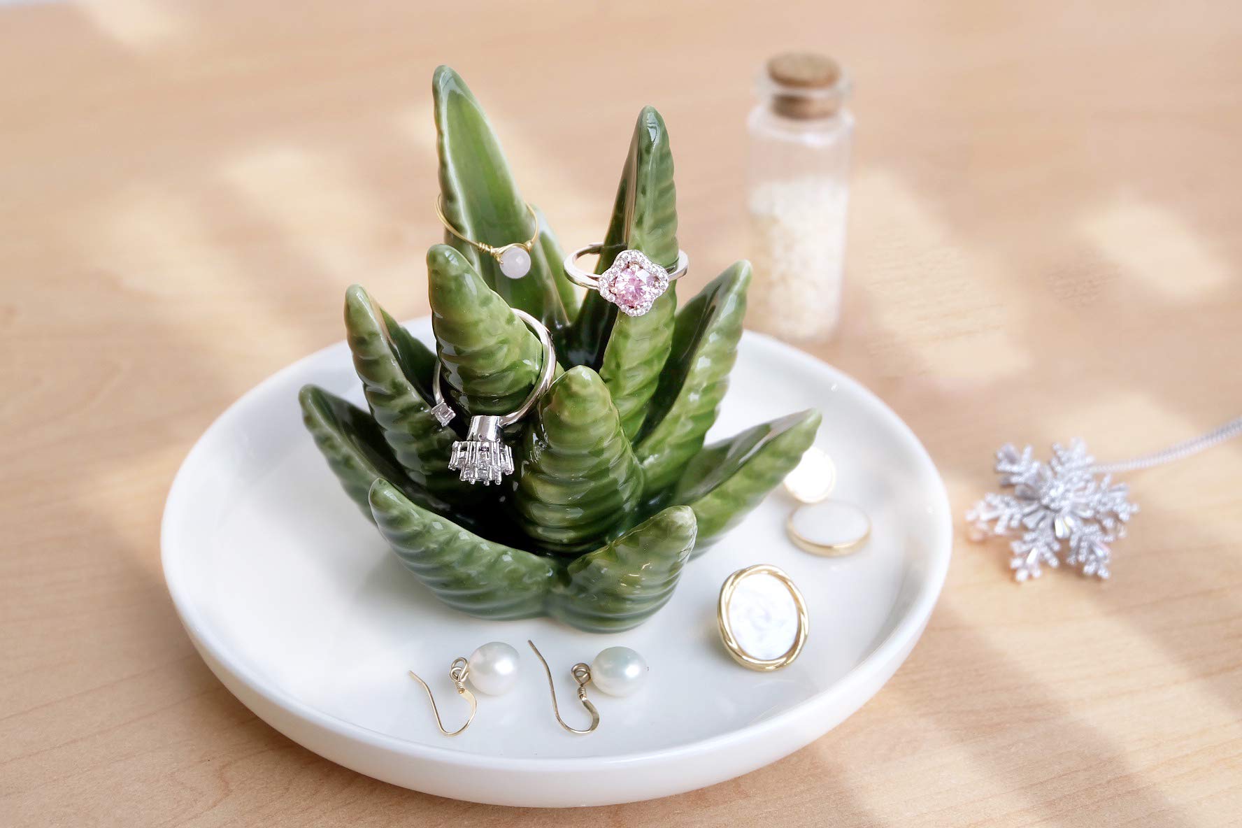 PUDDING CABIN Aloe Ring Holder,Cactus Ring Dish,Jewelry Holder Trinket Tray for Rings Earrings Necklace Organizer,Bridesmaid Christmas Birthday Gift for Women Girls